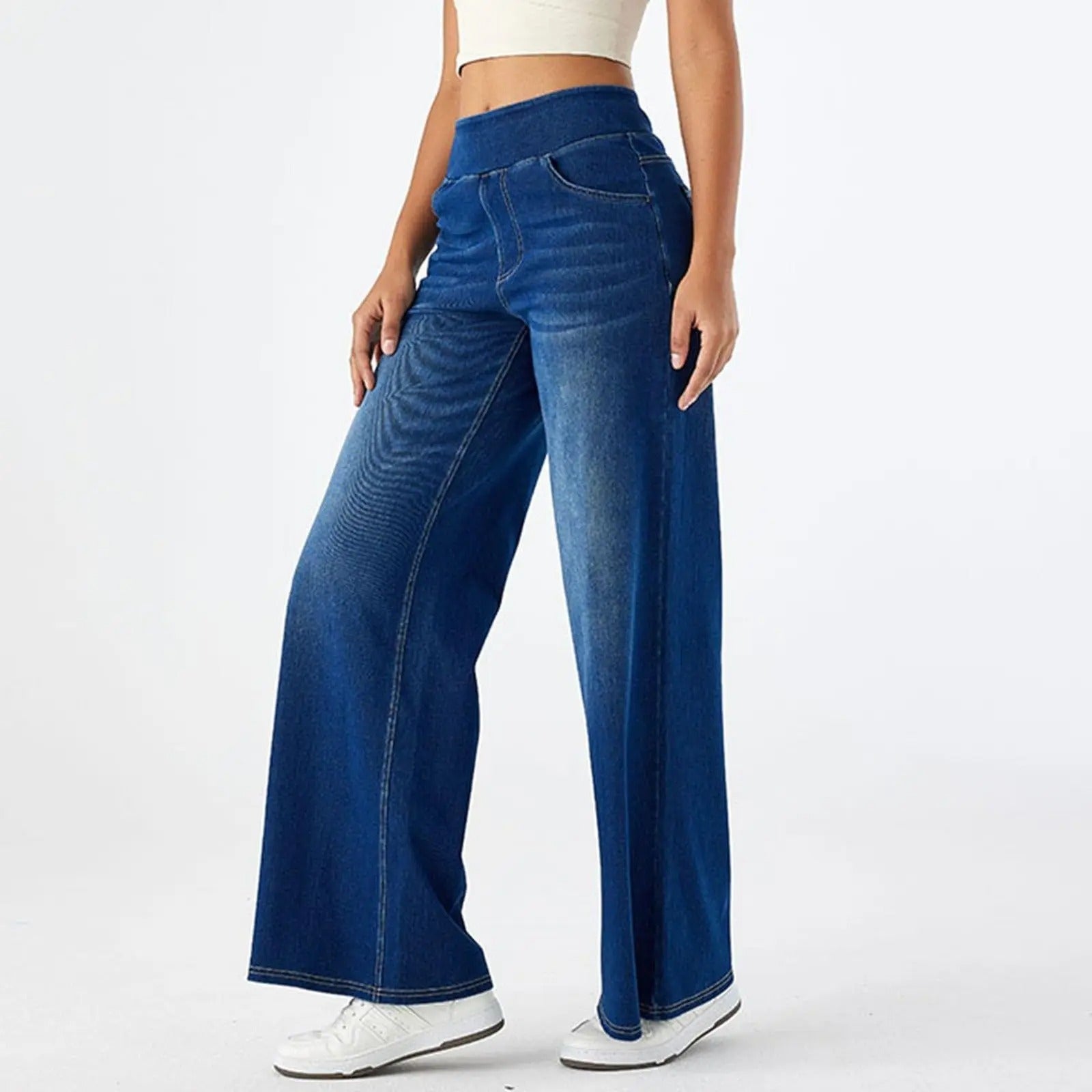 NottingWear™ High Waisted Multiple Pockets Baggy Wide Leg Washed Stretchy Knit Casual Jeans