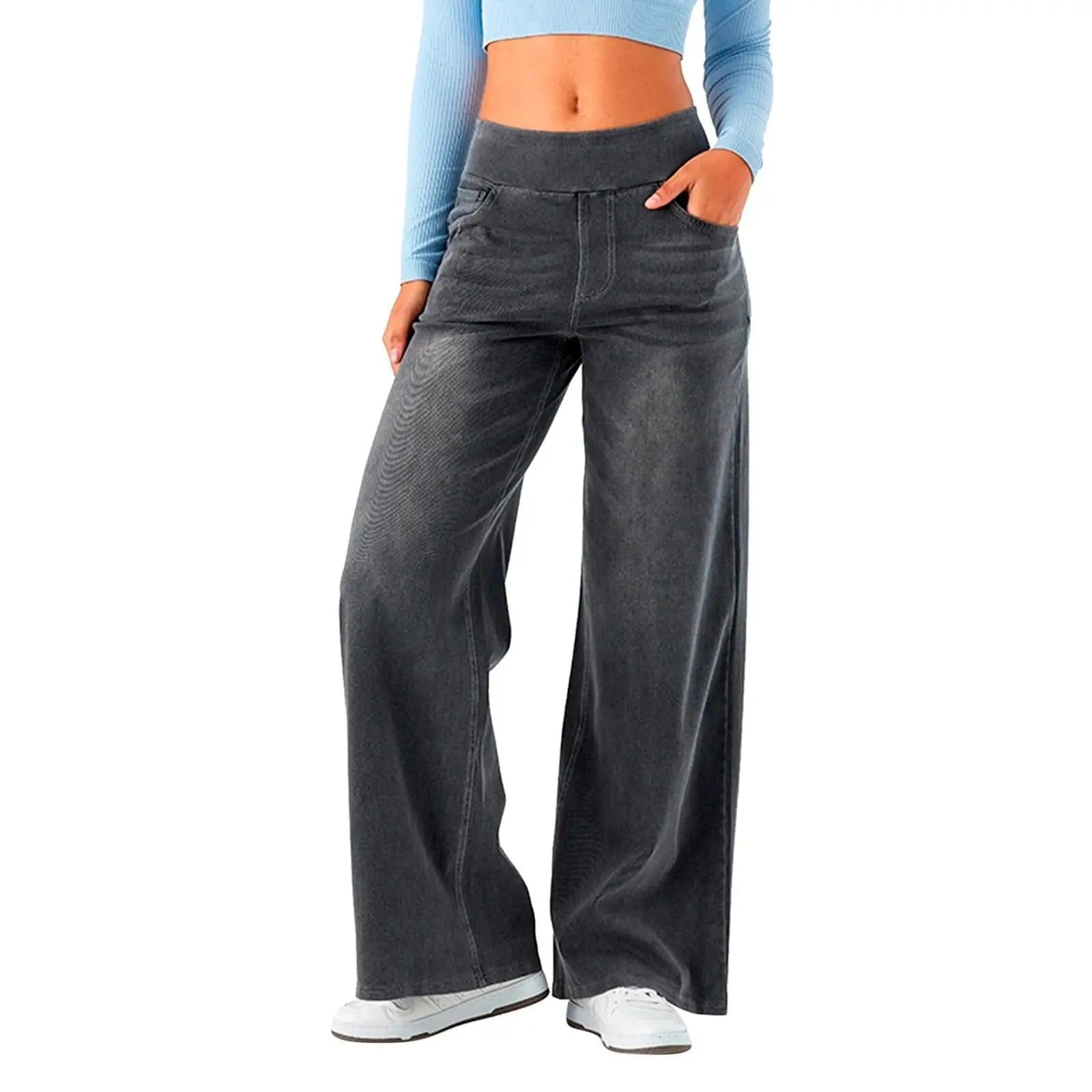 NottingWear™ High Waisted Multiple Pockets Baggy Wide Leg Washed Stretchy Knit Casual Jeans
